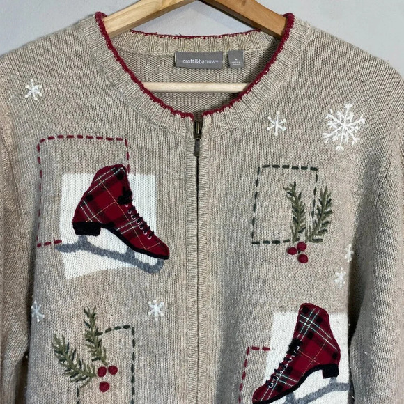 Vtg Croft & Barrow Ice Skating Christmas Wool Angora Full Zip Sweater Women's L - Picture 6 of 15